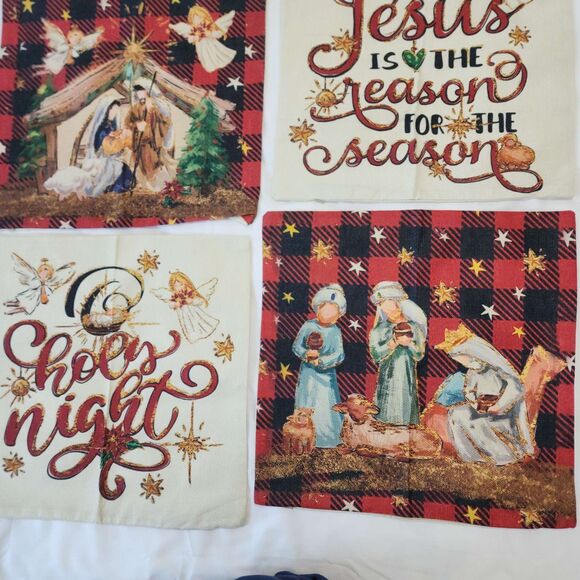 4x Christmas Nativity Scene Holy Night Canvas Pillow Covers Plaid Red White New - Picture 1 of 14
